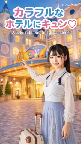 視線で落とすシネマアイドルのTikTok PR投稿：「カラフルなホテルにキュン🩷」“A colorful hotel full of won…
